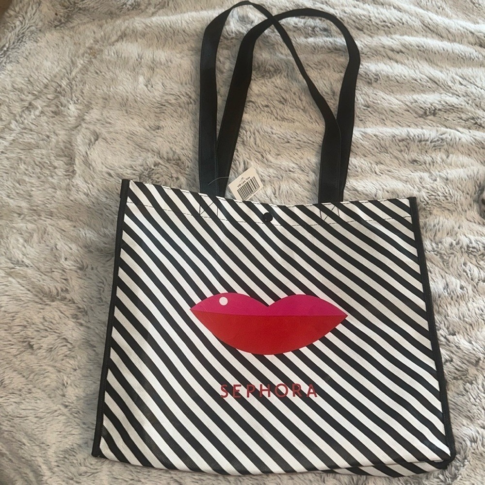 Sephora Reusable Tote Bag Black White Striped Lips Graphic Snap Closure NWT